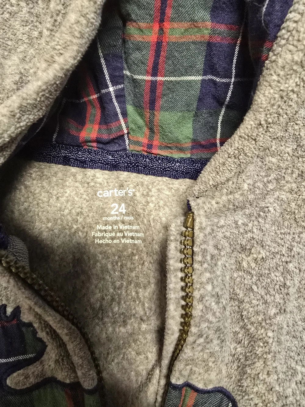 Carter's 24M Gray Fleece Hooded Moose Romper One Piece Plaid Lined Baby Jumpsuit